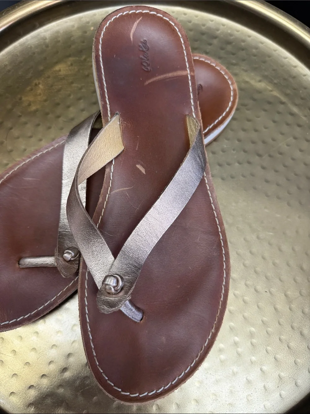 Olukai Women's Nohie Metallic GoldLeather Flip Flop Sandals